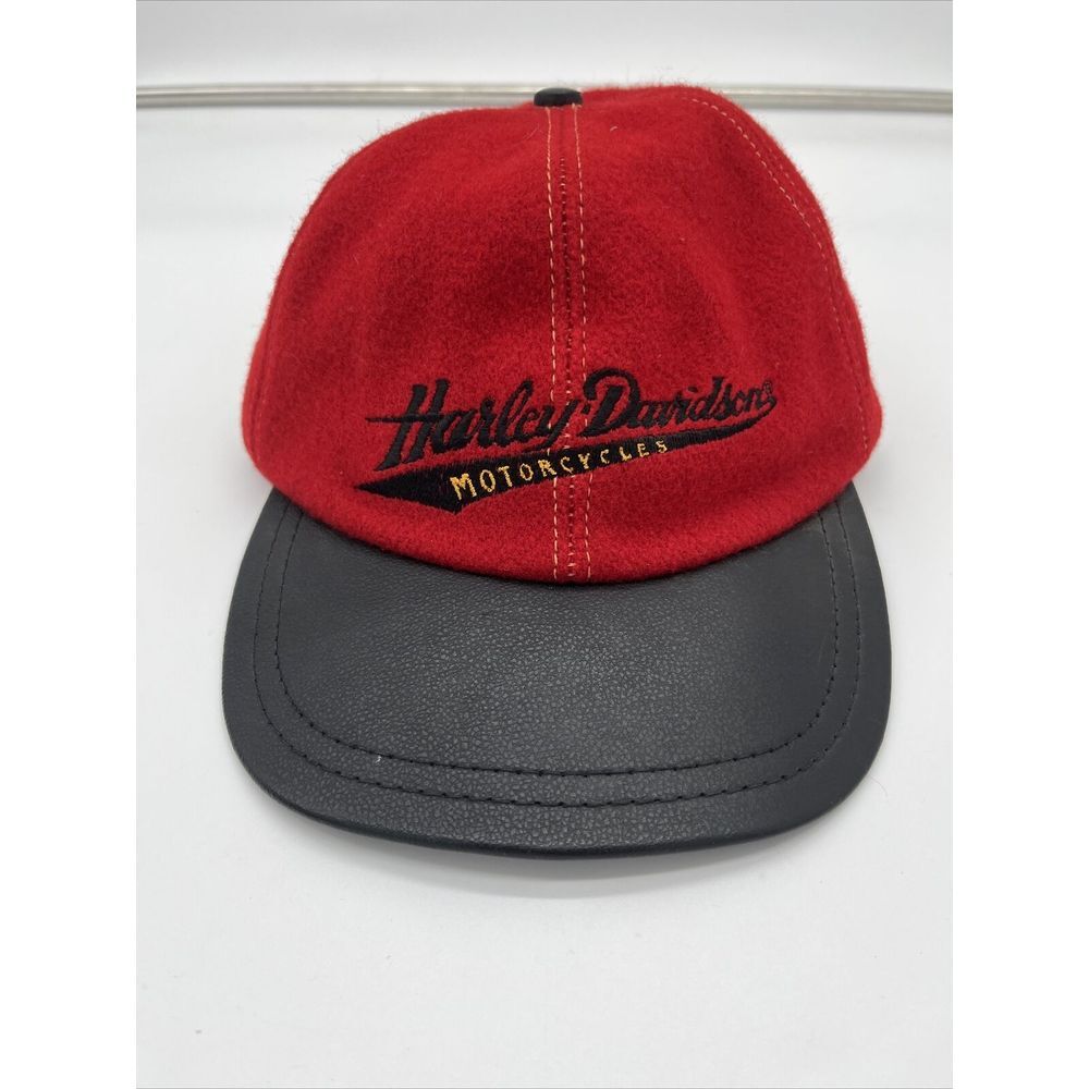 Rare vintage Harley Davidson Red Wool And Black Leather Ball Hat Damaged Inside